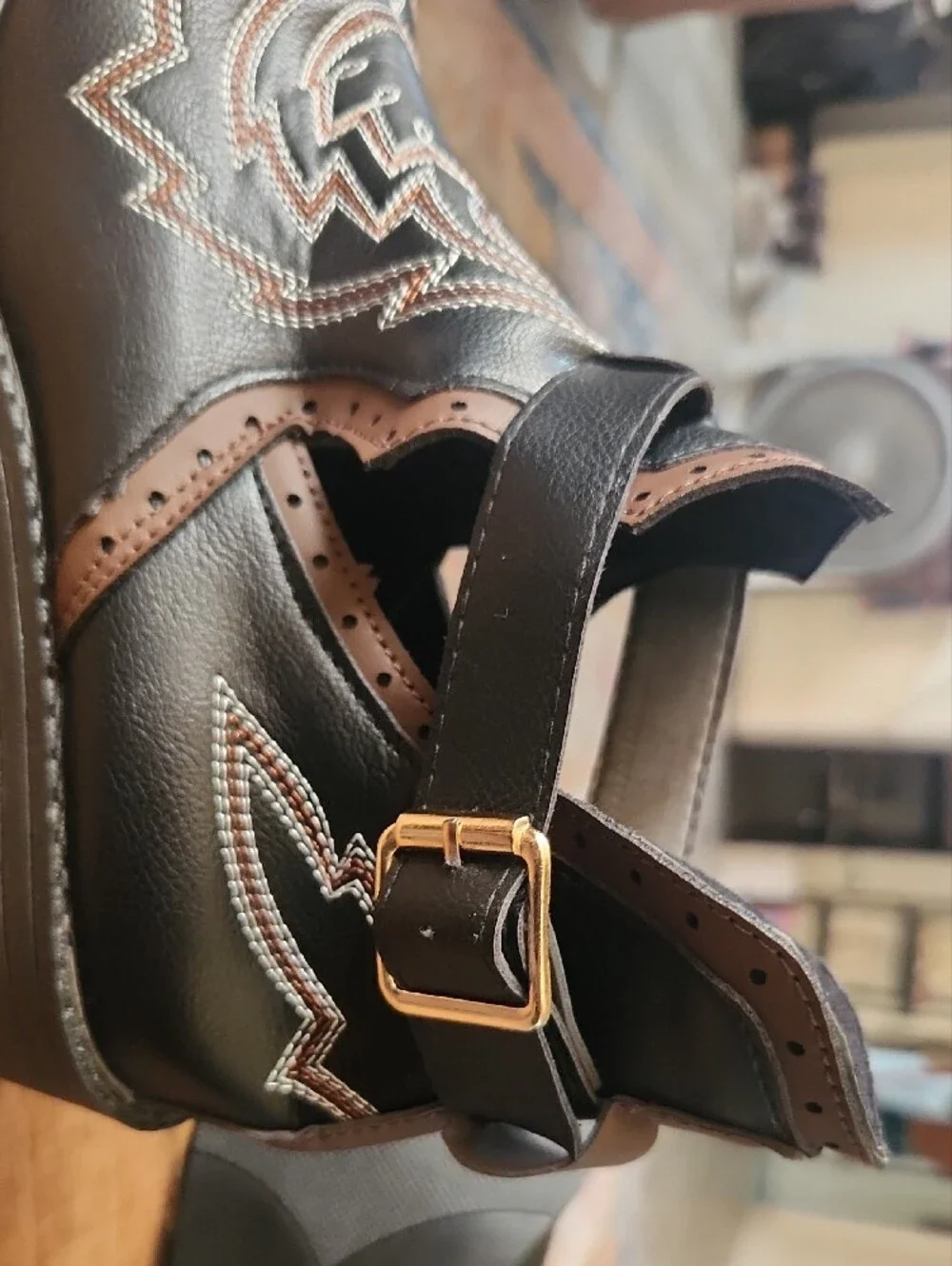 SHEIN Black Ankle Booties with Brown Trim & Embroidered Detail